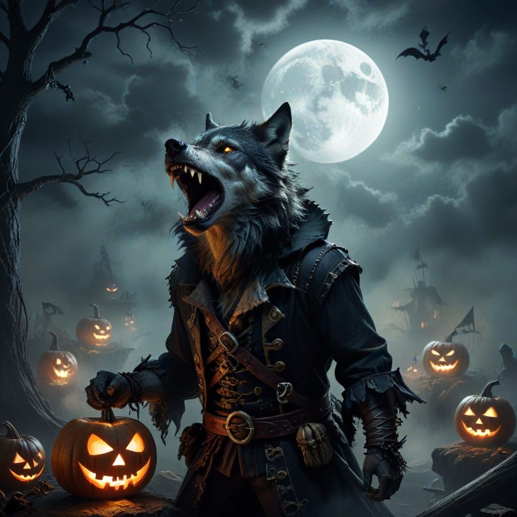 Gothic Pirate Wolf Howls Under Full Moon