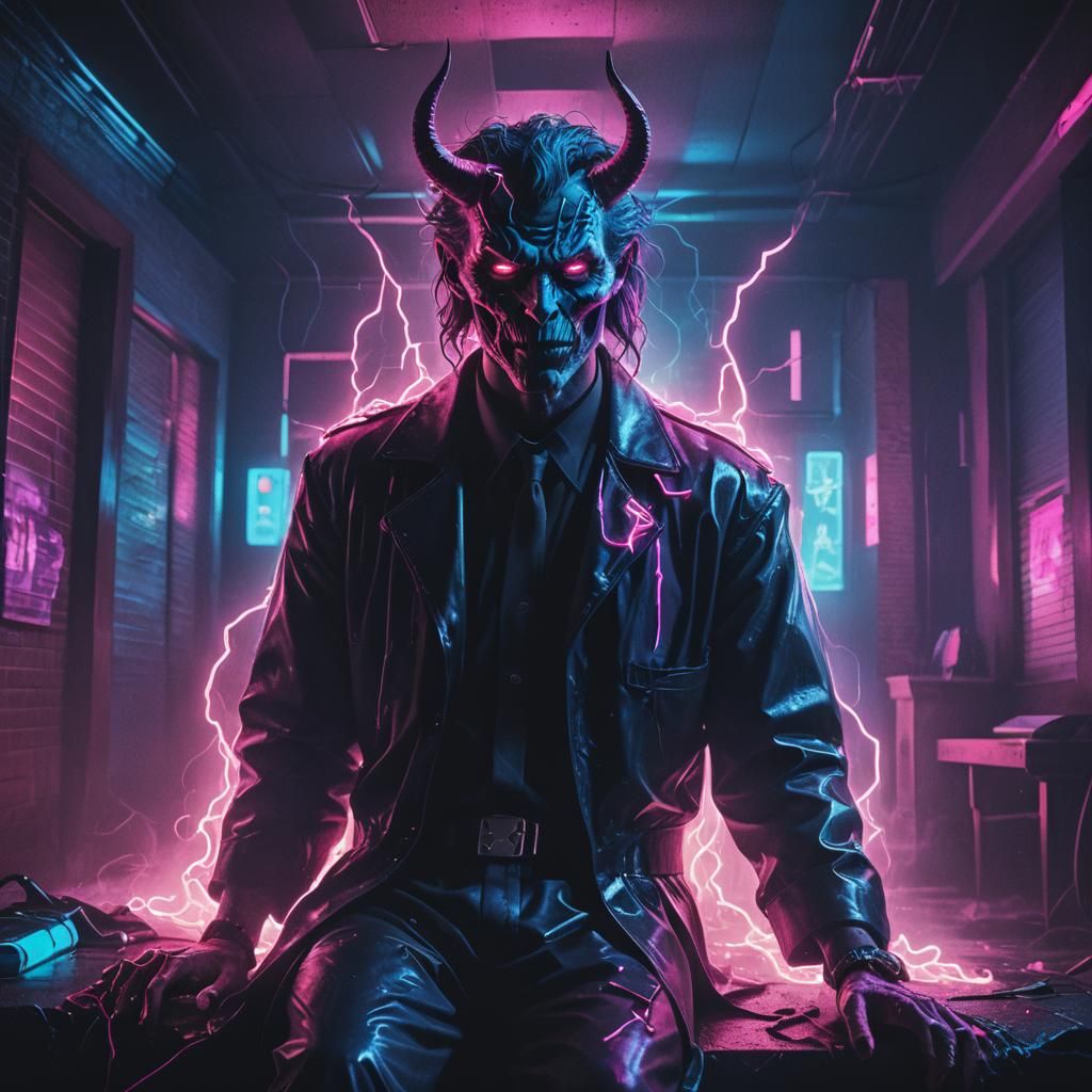 Demonic Funeral Home Invasion in Synthwave Neon