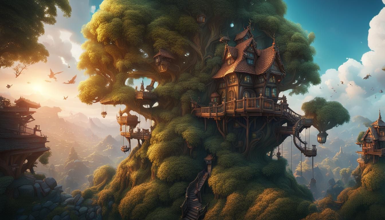 Fantastical Treehouse Village: Detailed Matte Painting
