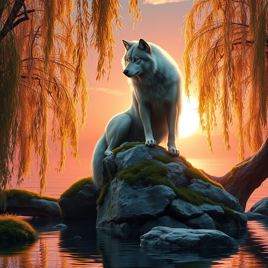 Majestic Fantasy Wolf Surrounded by Blazing Pink and Orange....