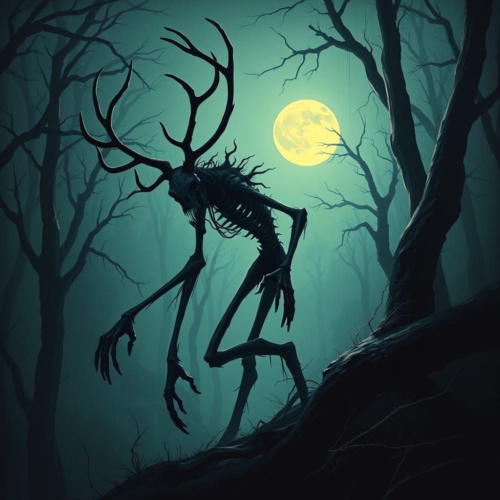 Twisted Wendigo Amidst Moonlit Treetops