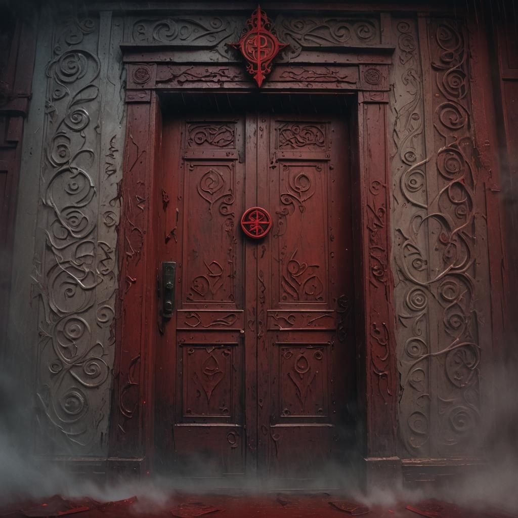 Mysterious Runes Illuminate Blood-Red Door in Fantasy Art