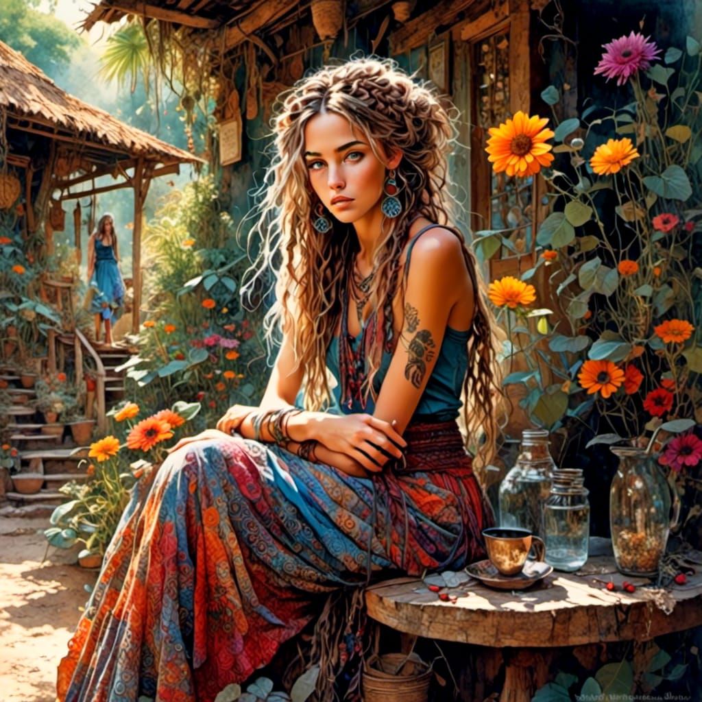 Beautiful Boho Girl in Cafe Setting