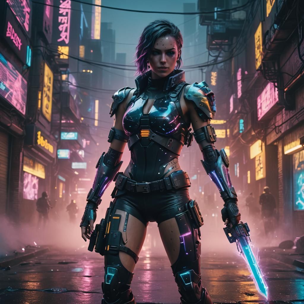 Cyberpunk Cyborg Warrior in Neon Cityscape