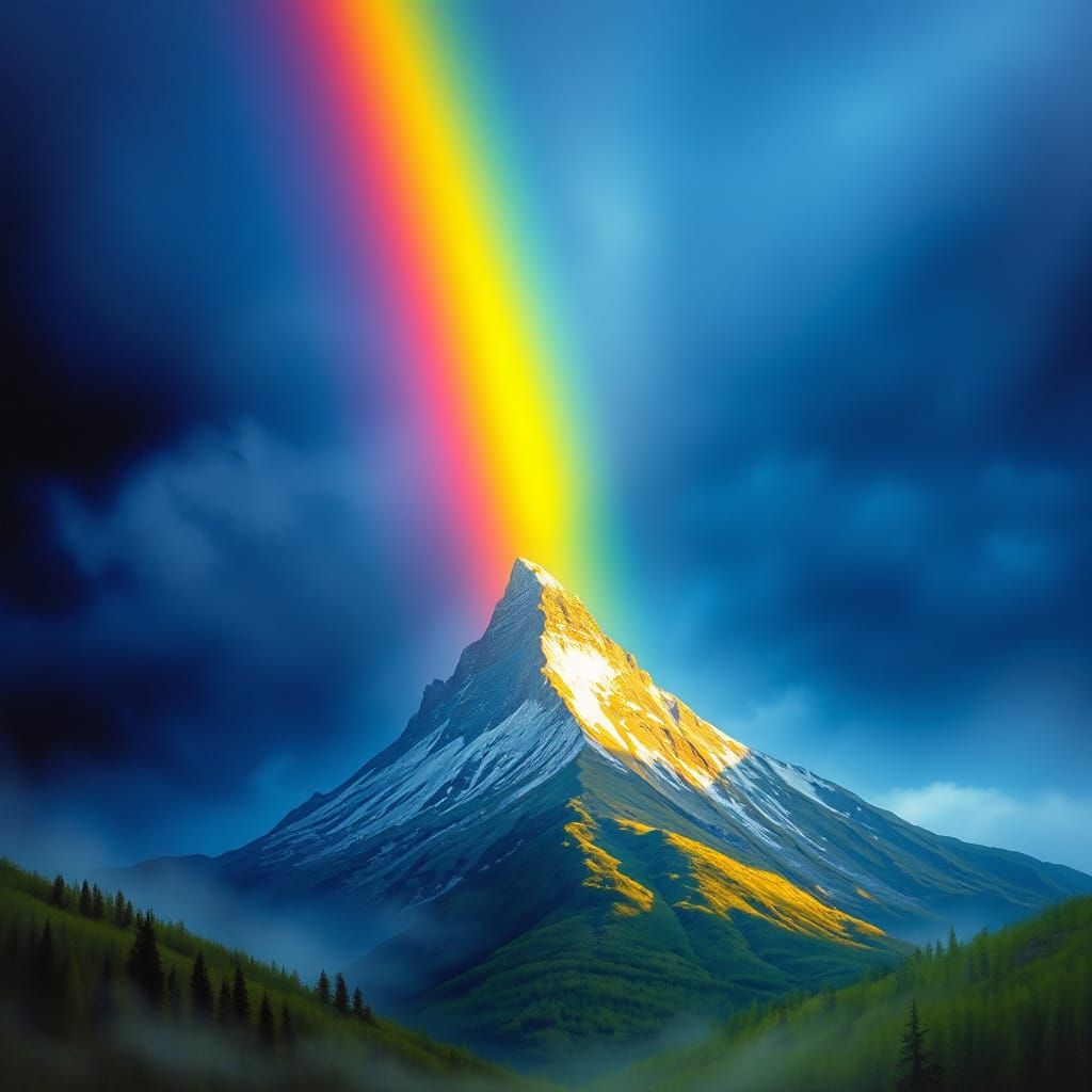 Ethereal Rainbow Majesty in Stormy Mountain Landscape