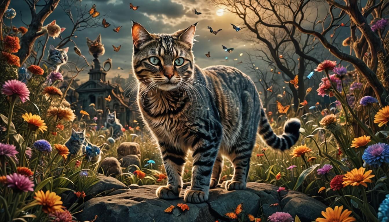 Hallucinogenic Feline Dreamscape in Hyperrealistic Style