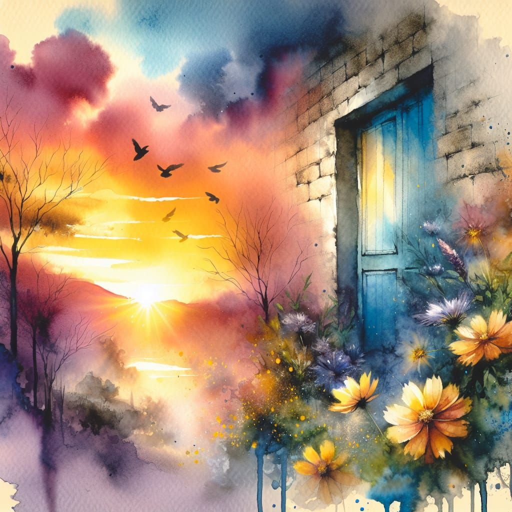 Vibrant Watercolor Painting of Concrete Wall with Yellow Flo...