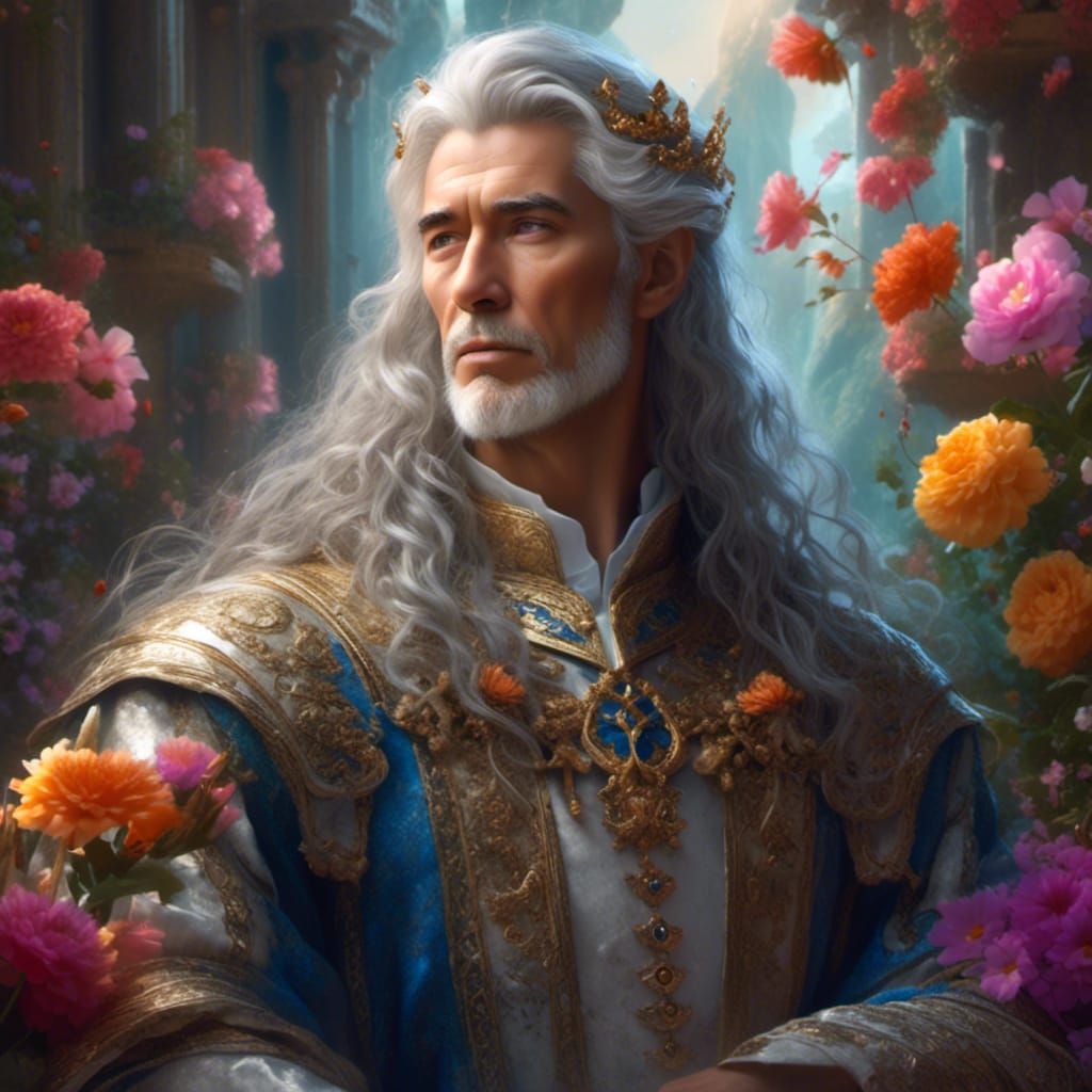 <lora:Beautify:1.0> A wise king fae with Grey hair and eyes. Teaching his young, pretty, princess to paint. Sitting in a...