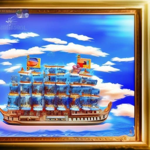 Whimsical Ship on Blue Ocean in Candy Art Style