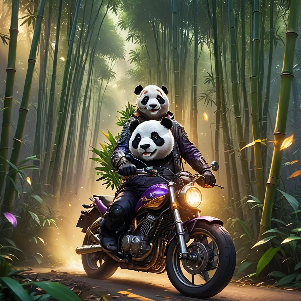 Panda on Motorcycle in Bamboo Forest: Digital Art