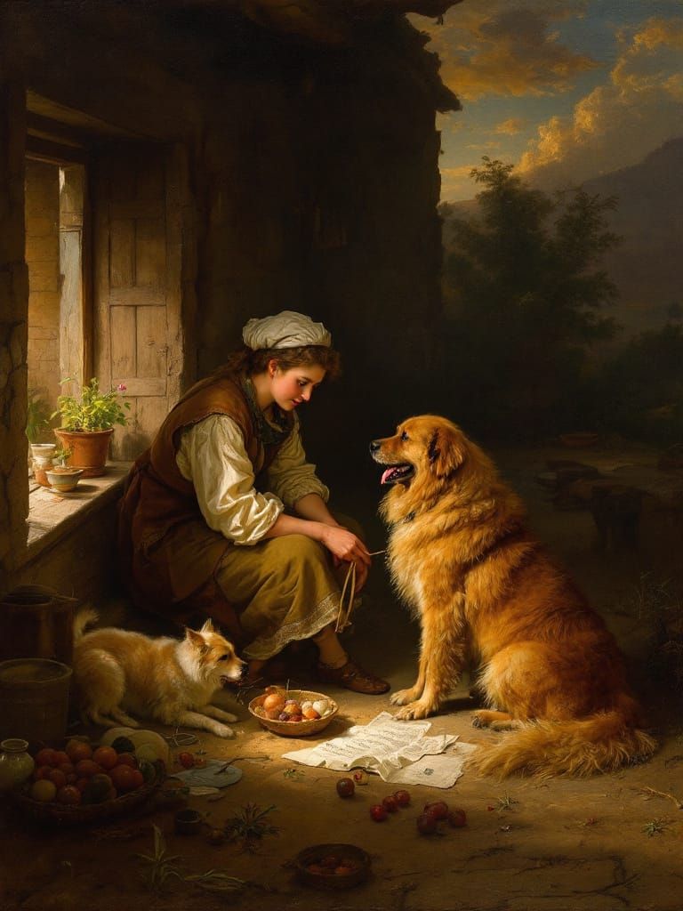 Golden Hour Scene of Dogs and Fruit in Romantic Realism