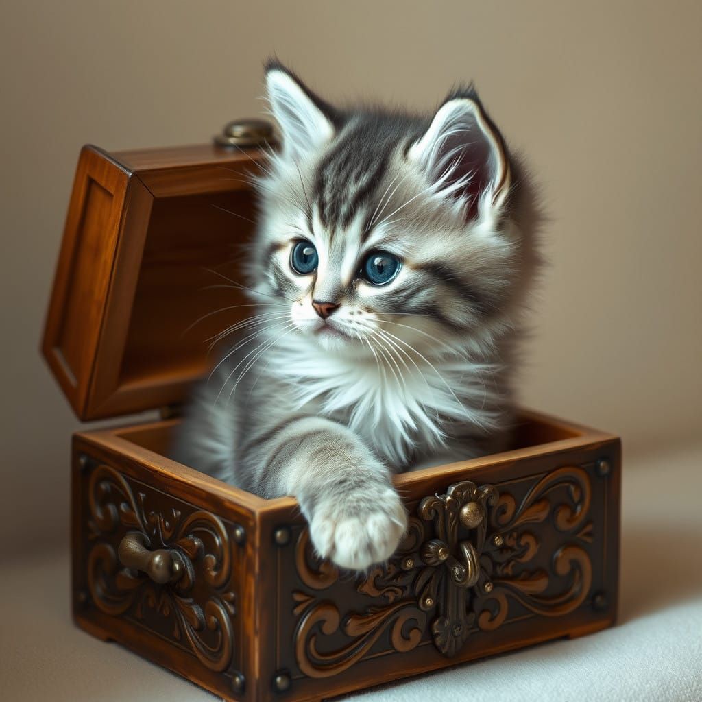 Whimsical Kitten in an Ornate Wooden Box