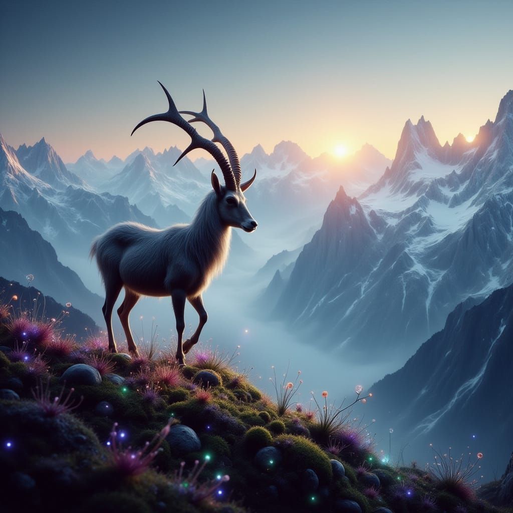 Ibex on Summit at Twilight in Enchanted Alps