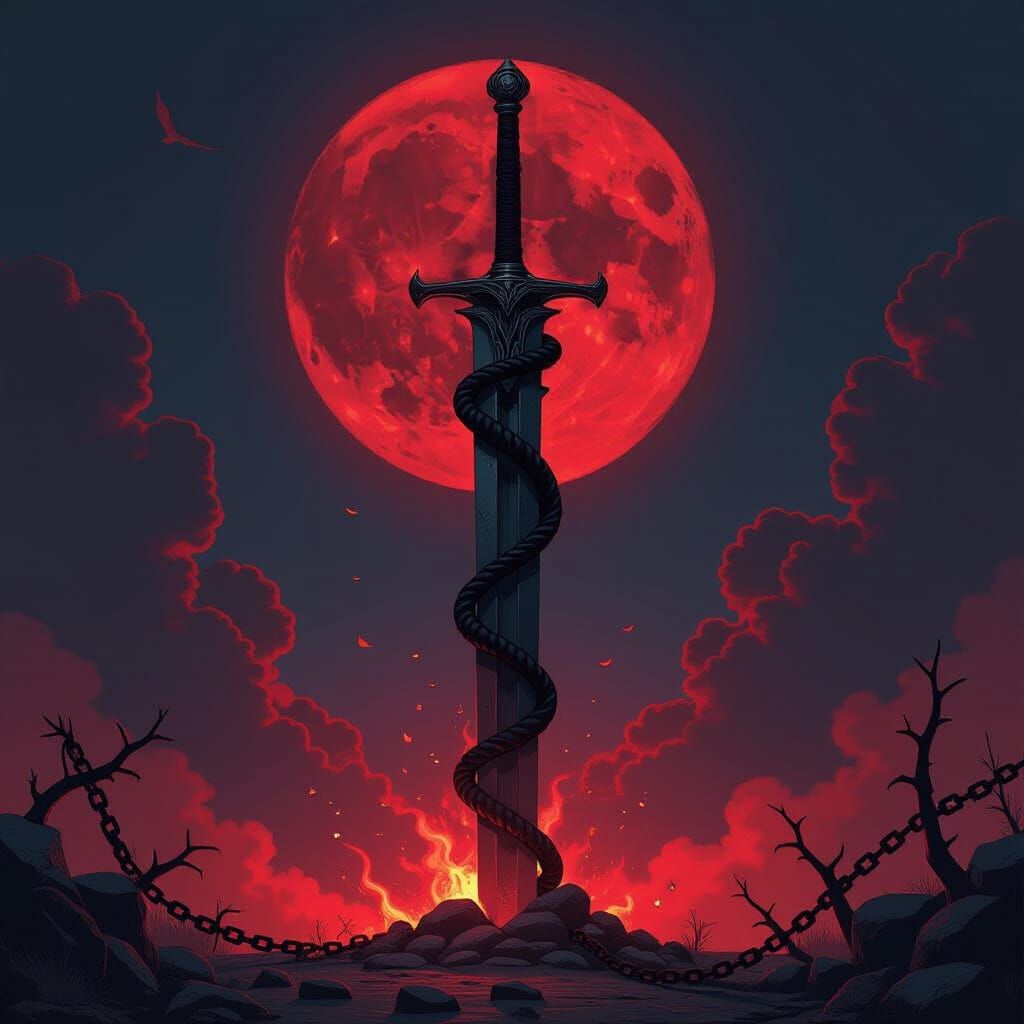 Colossal Sword Entwined by Serpents Under Blood Moon