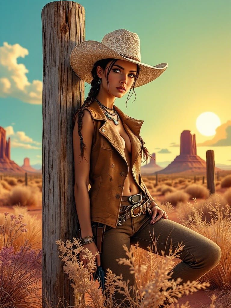 Papercraft Woman with Braided Hair in Desert