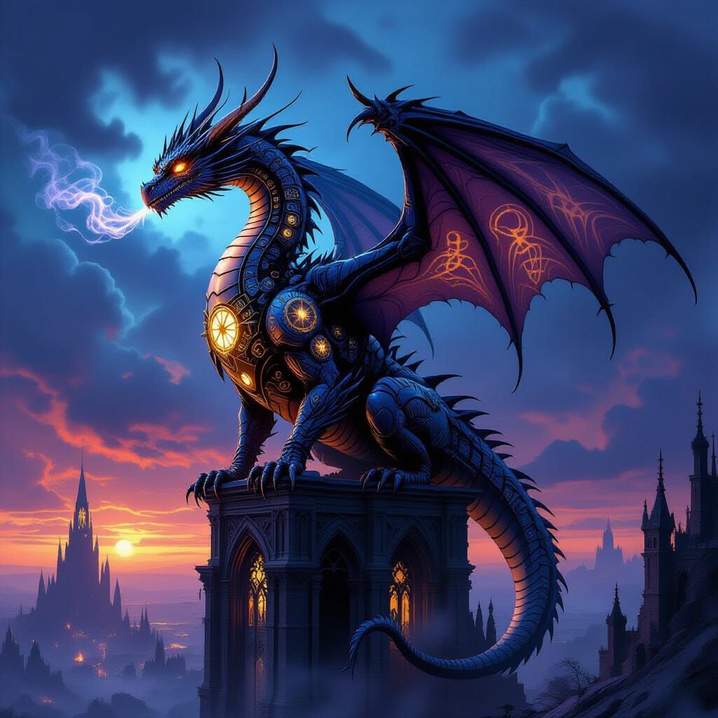 Biomechanical Dragon on Gothic Spire
