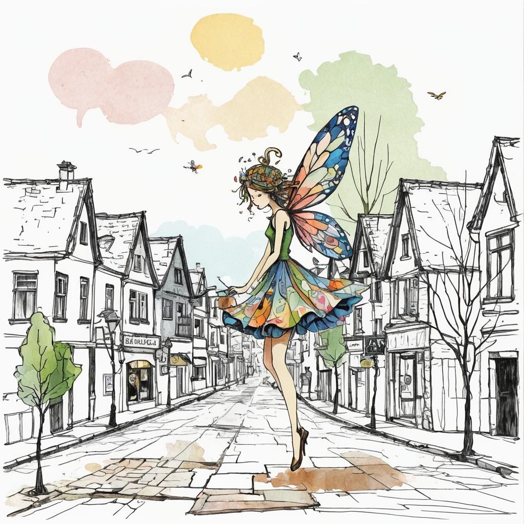 Colorful Fairy in Town Collage With Doodles