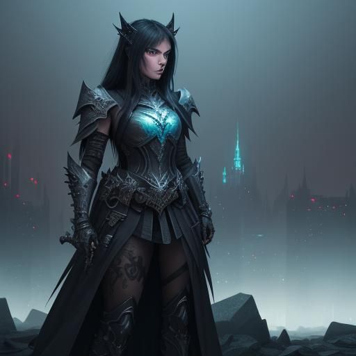 Gothic Armored Girl in Neon City Concept Art