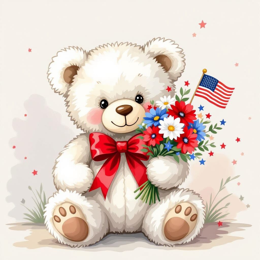 Teddy Bear Celebrates Independence Day in Watercolor Style