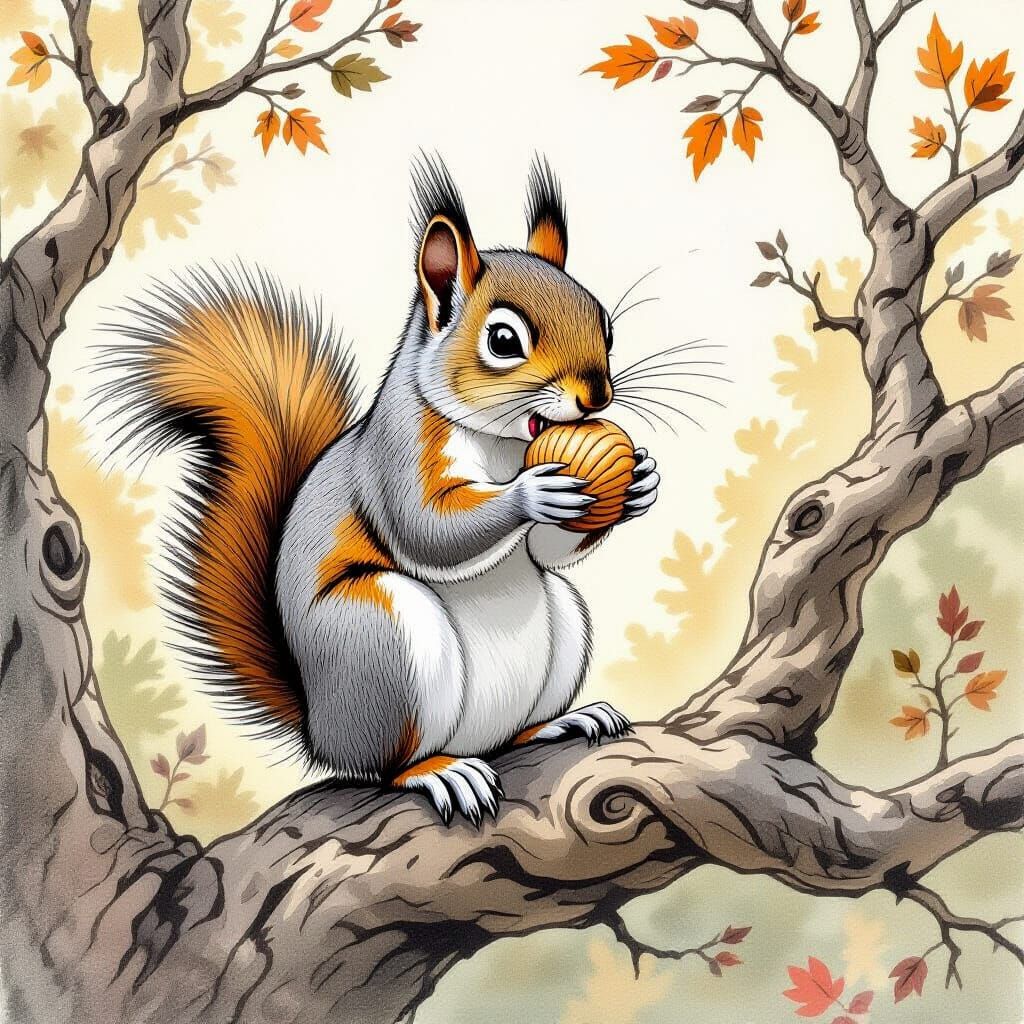 Squirrel Eating Nut in Whimsical Style