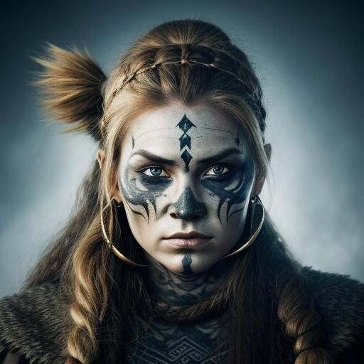 Viking Warrior Woman with Tattooed Face