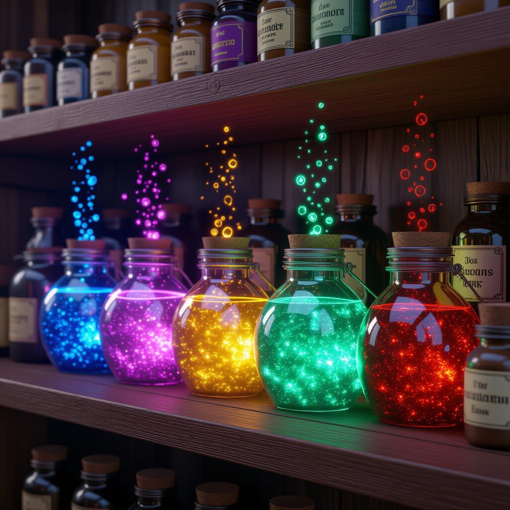 Sparkling Potion Jars on Fantasy Store Shelf