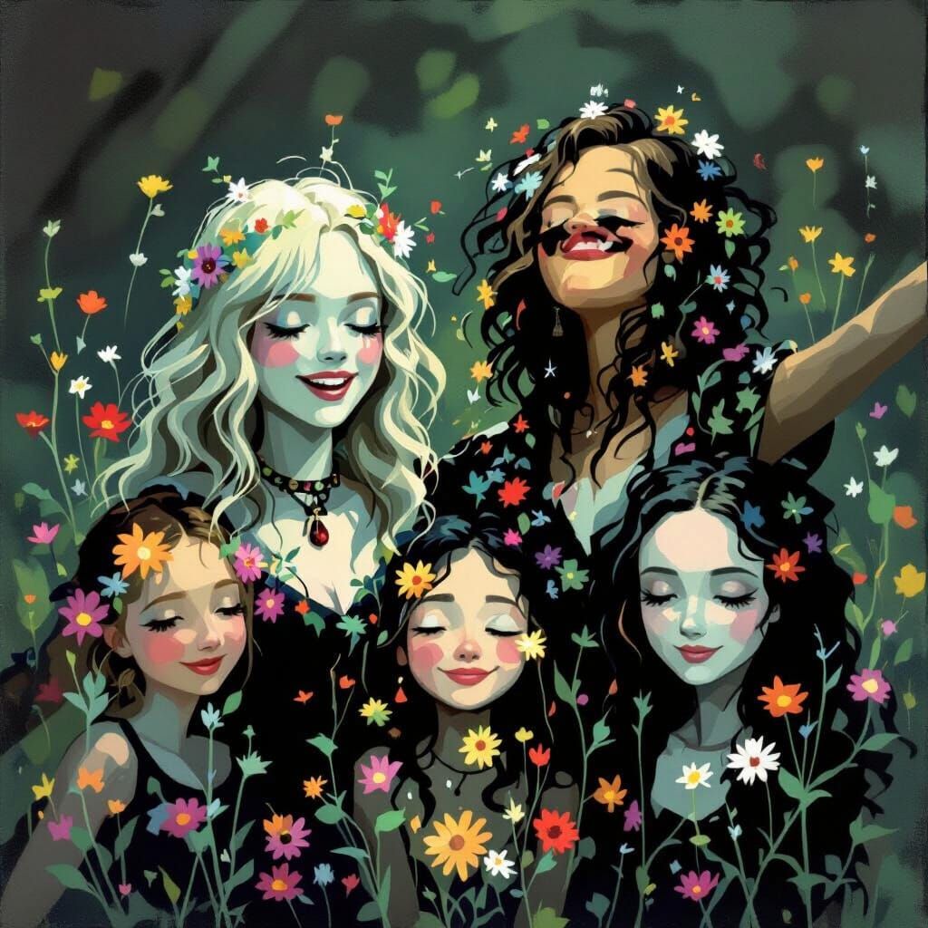 Joyful Women Dancing in Sunlit Wildflower Meadow