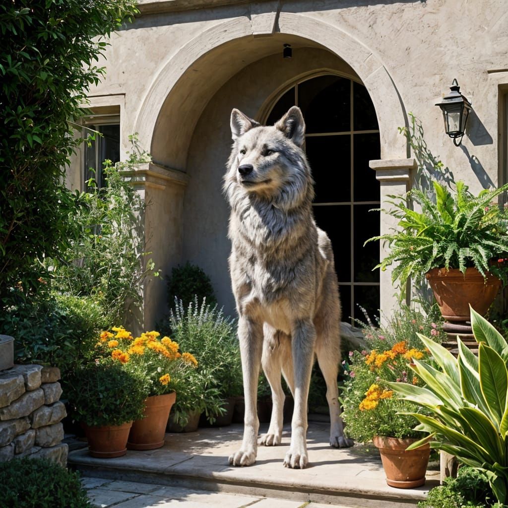 Gray Wolf in Serene Garden Scene