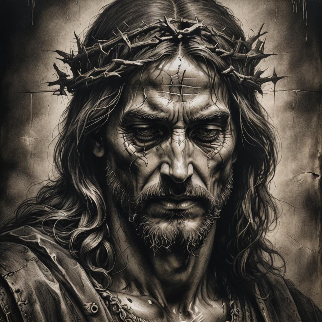 Jesus Christ on Cross: Charcoal Drawing in Baroque Style