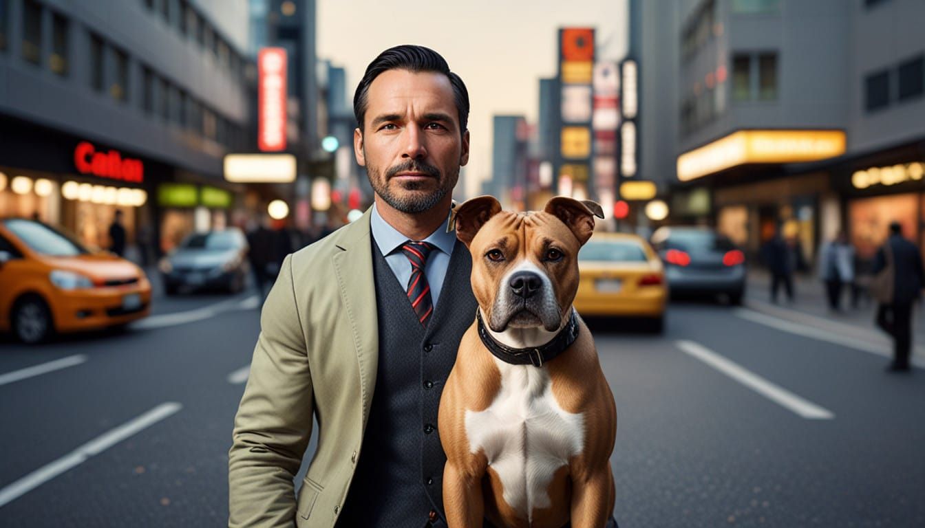Confident Man Surrounded by Muscular Dogs in Tokyo Streets