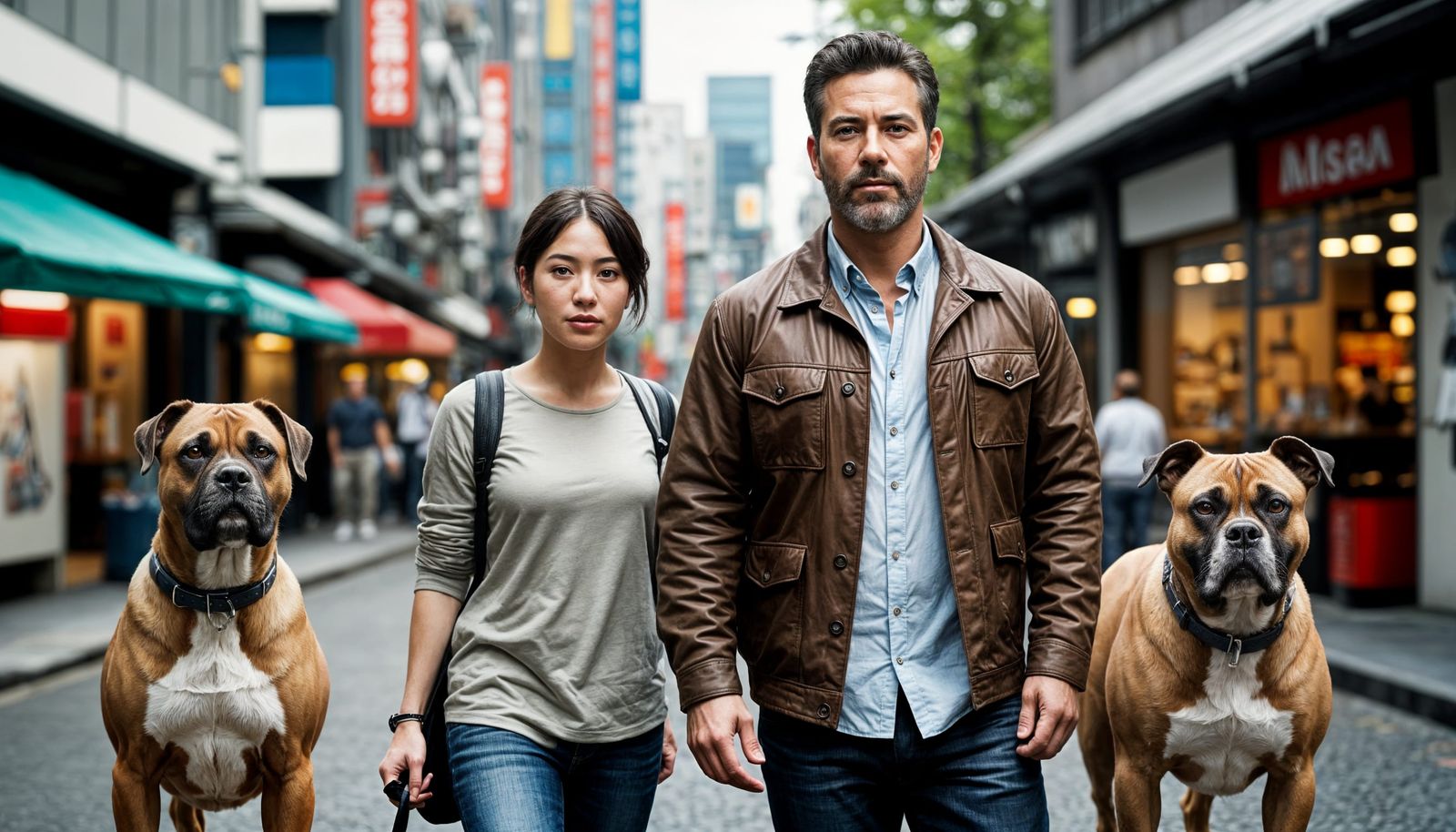Handsome Man Strolls Tokyo Streets with Muscular Dogs