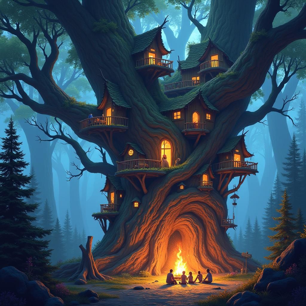 Mystical Elven Village in Ancient Forest: Matte Painting