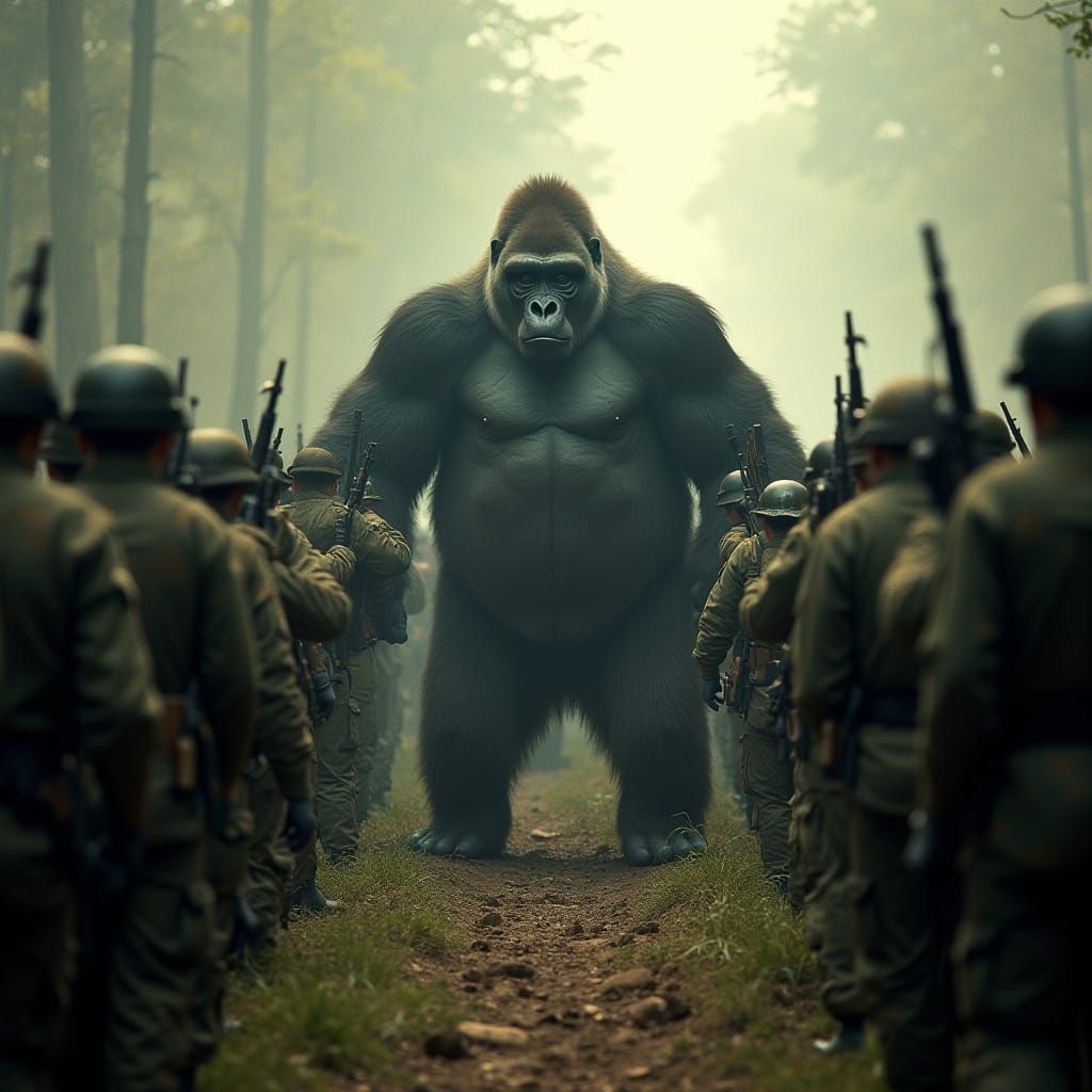 Dramatic Gorilla Standoff in Cinematic Film Style