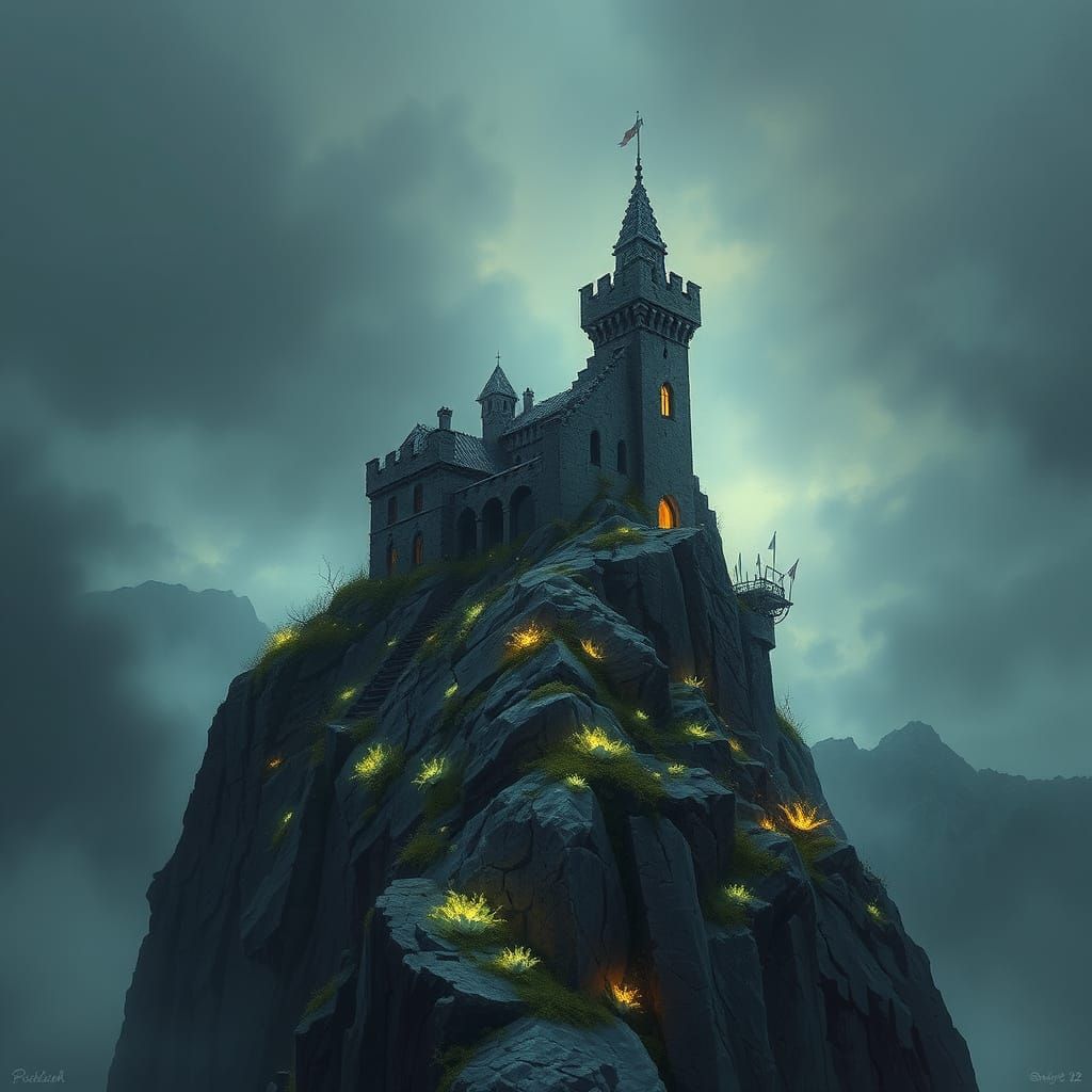 Ancient Castle on Mountain Peak in Twilight