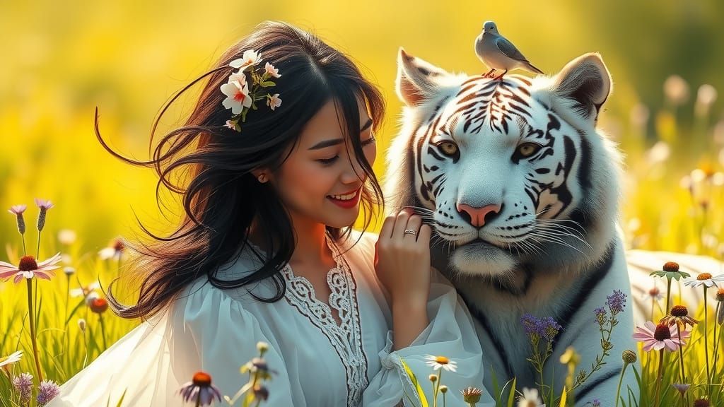 Serene Asian Woman Interacts with Majestic White Tiger and B...