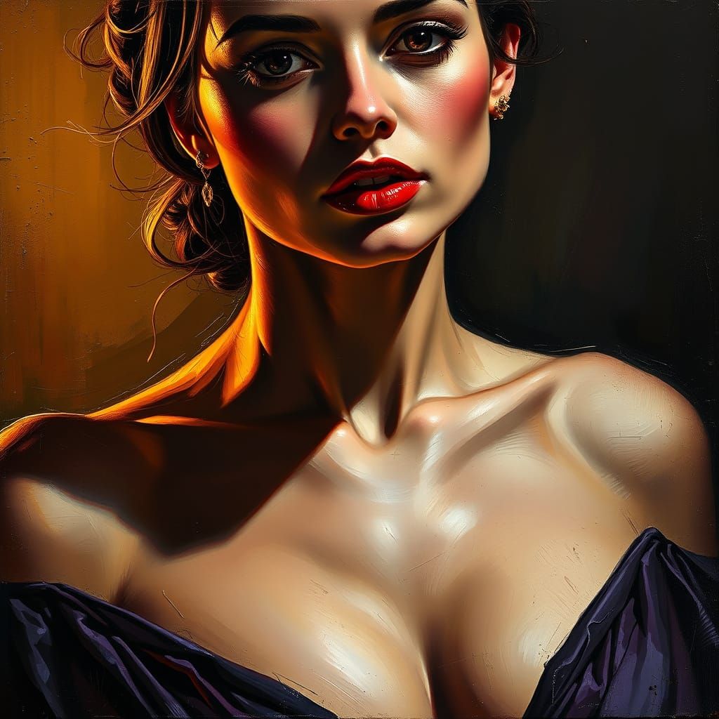 Expressive Oil Portrait of a Woman with Chiaroscuro Lighting