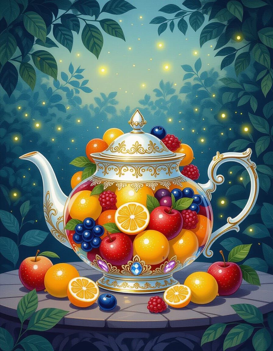 Jewel Teapot Overflowing with Luminous Fruits in Garden