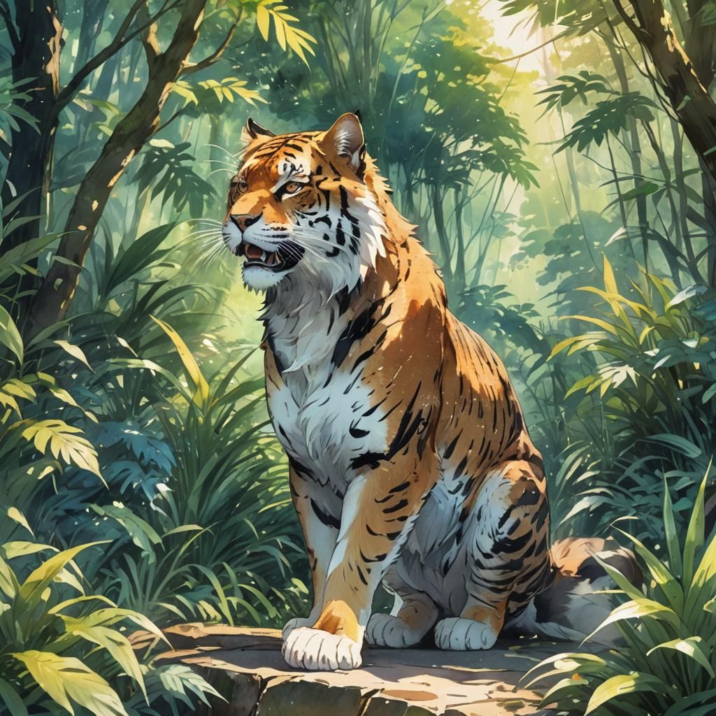 Anime Big Cat Battle in Watercolor Style