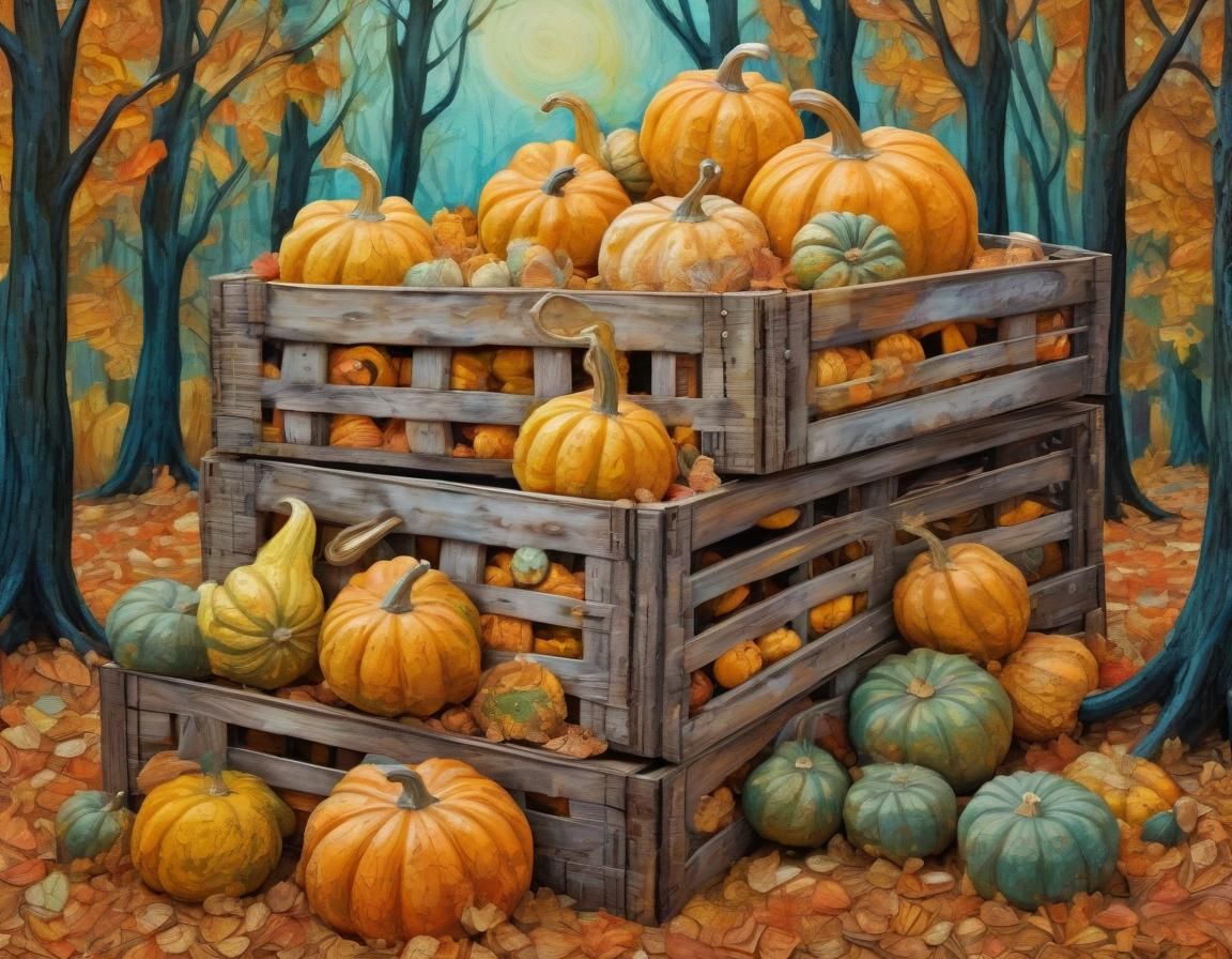 Gourds in Autumn Forest as Impasto Painting