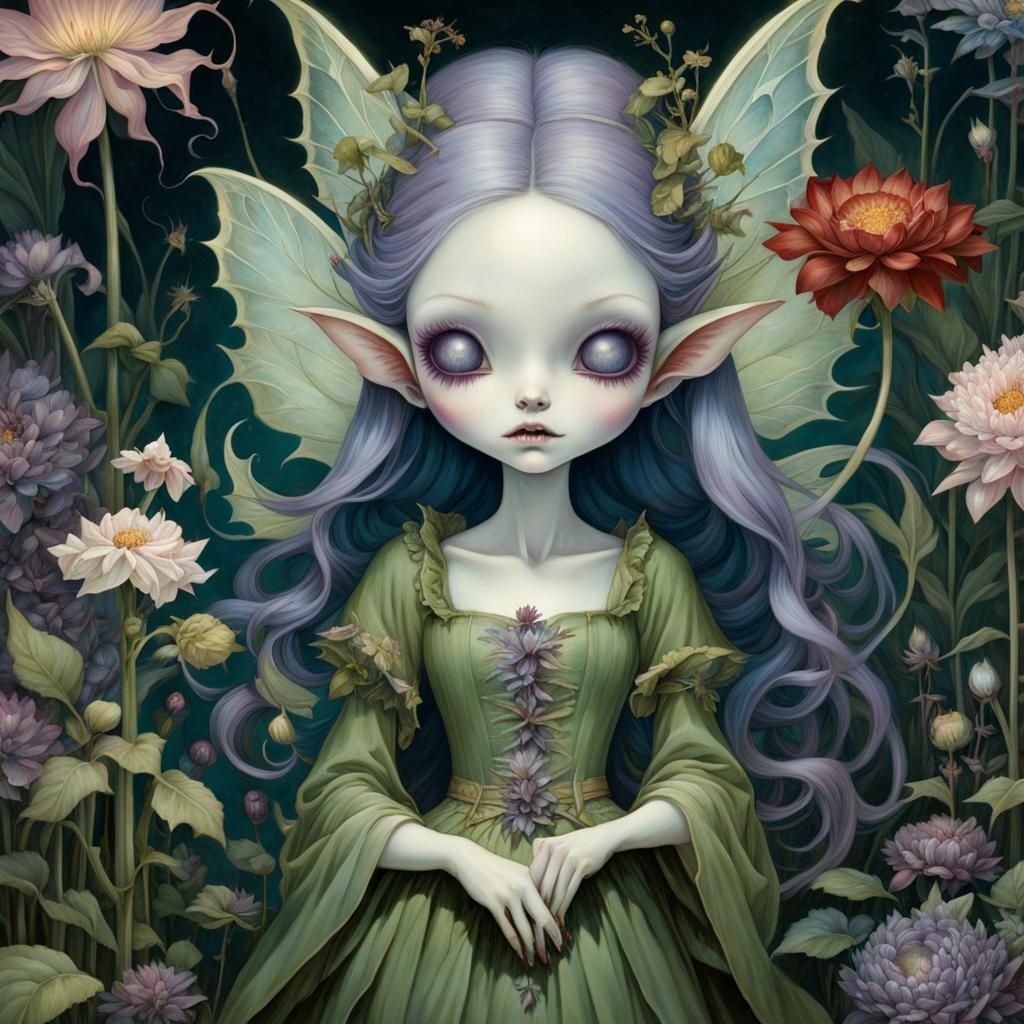 Menacing Fairy Biting Flower in Night Garden