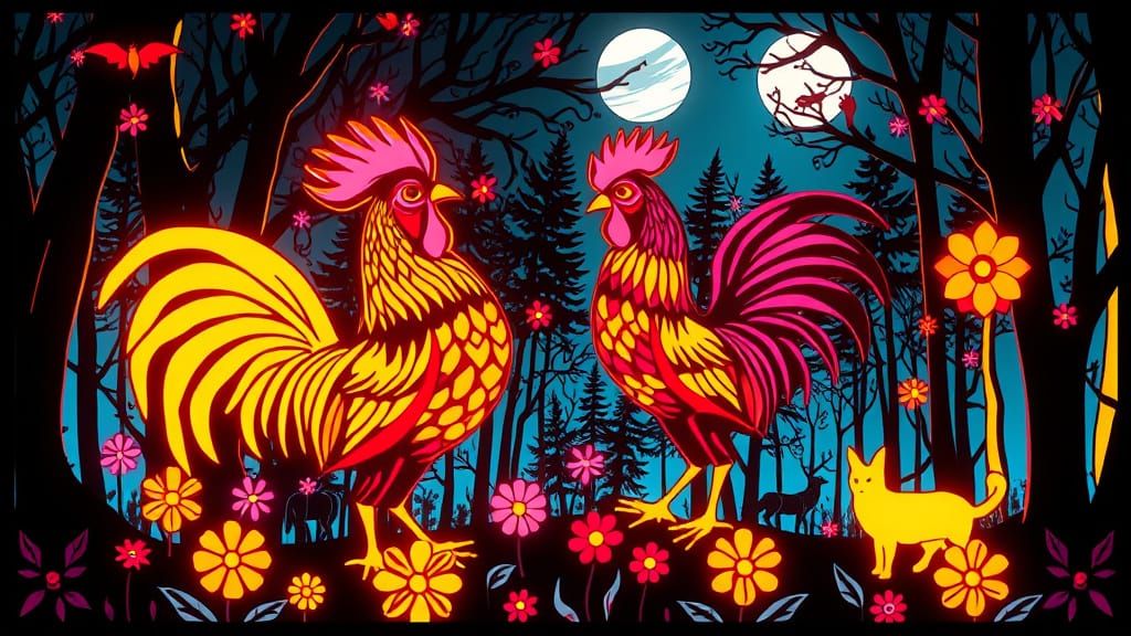 Futuristic Folk Art Fusion: Cyberpunk Wycinanki Roosters