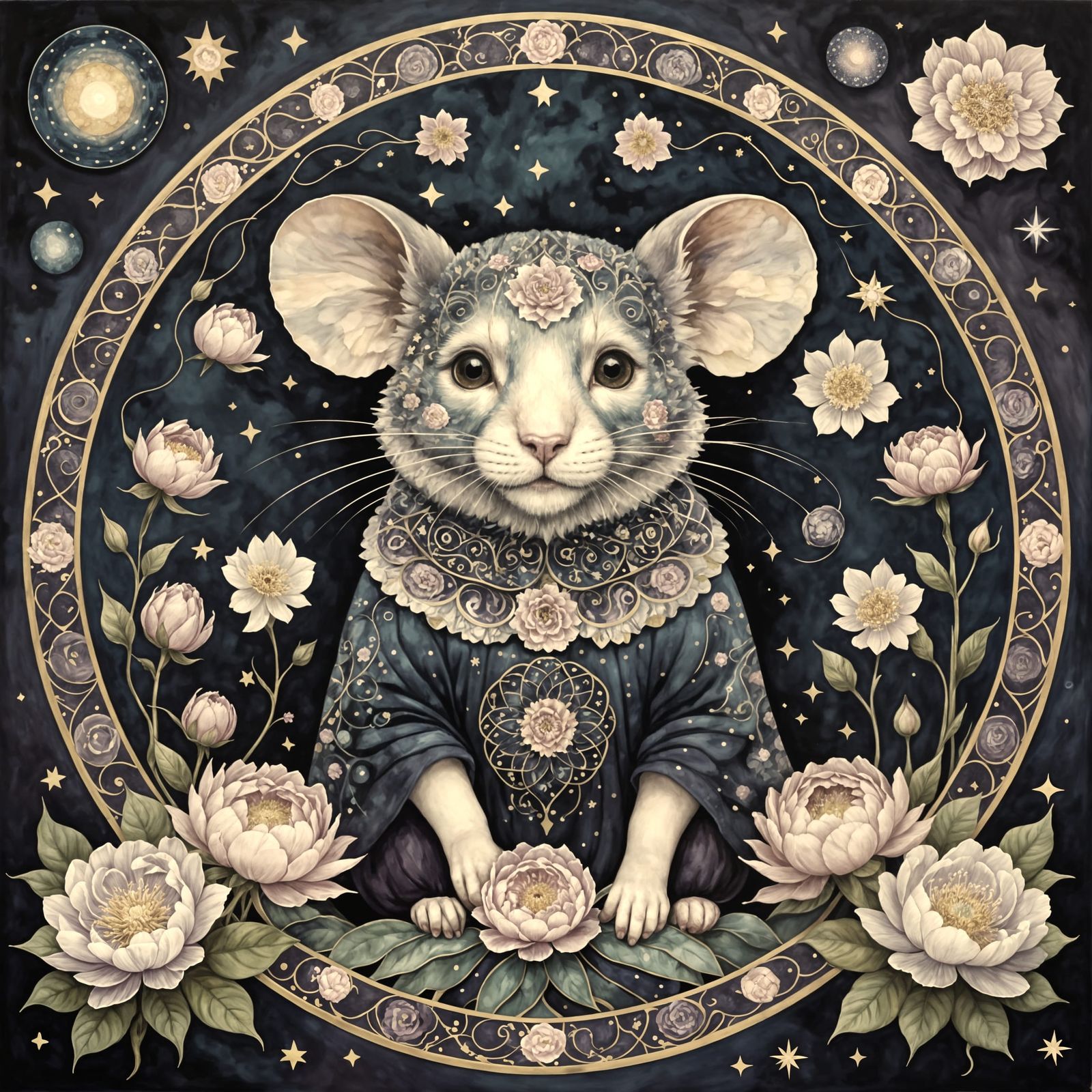Whimsical Gustav Klimt-Inspired Mandalas with Mice and Peoni...