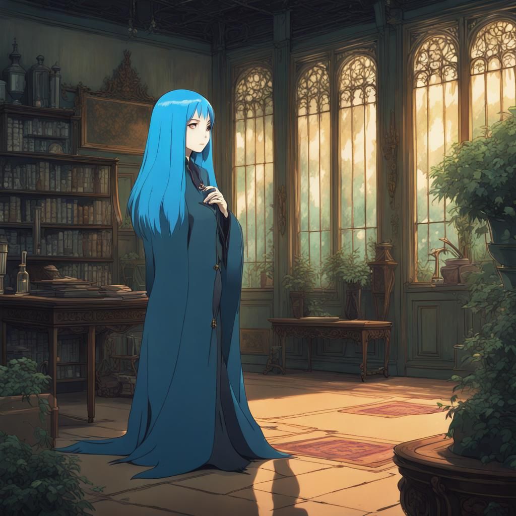 Blue-Haired Woman in Studio Ghibli Anime Style