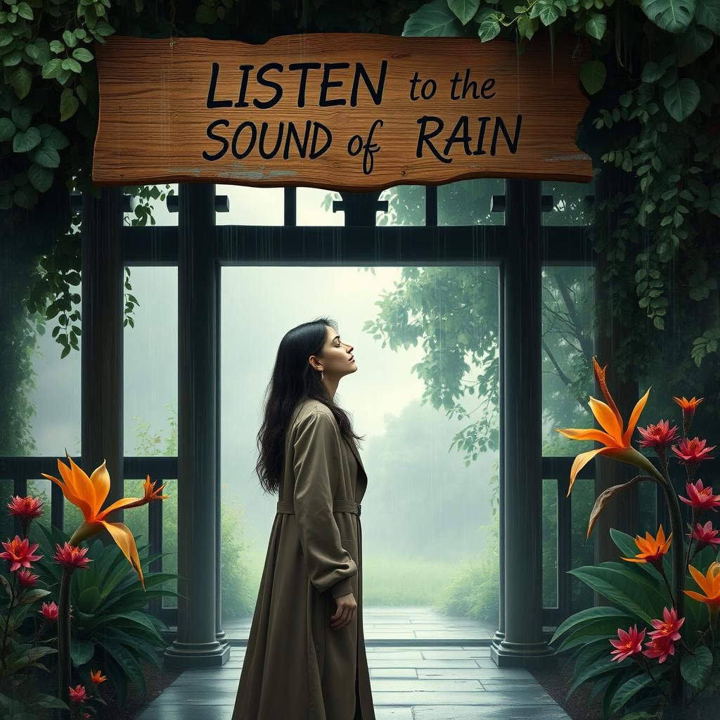 Contemplative Woman Listening to Rain in Ethereal Landscape