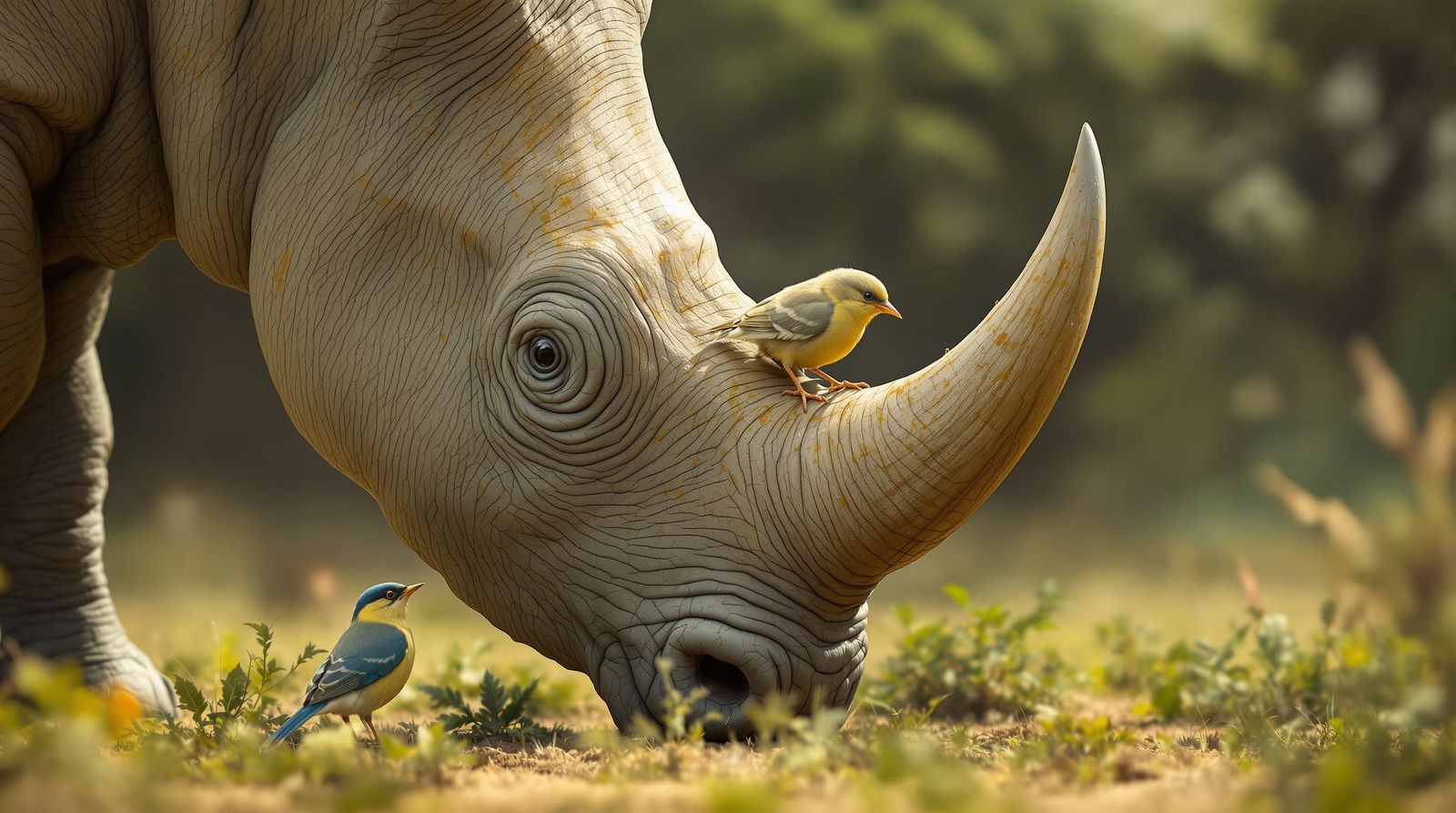 tiny birds befriend a giant white rhino