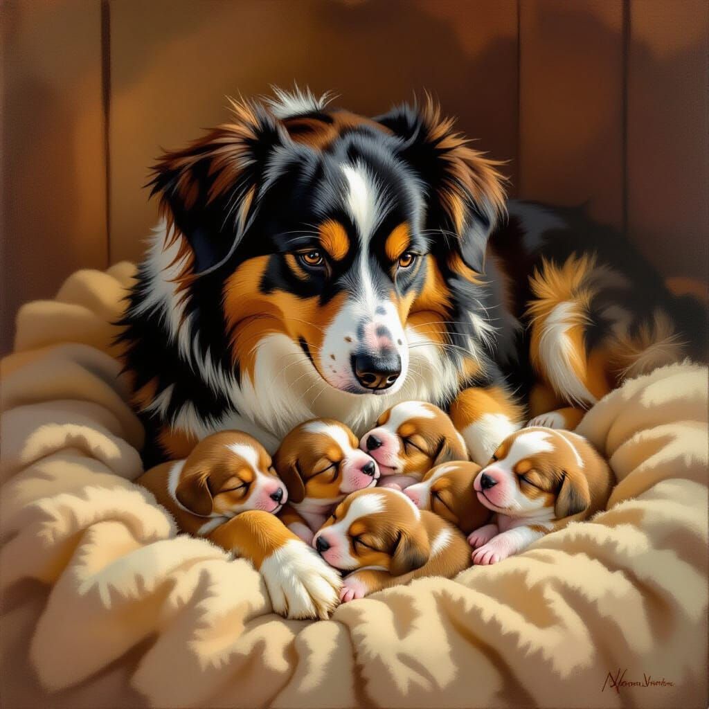Tender Mother Dog Cares For Newborn Puppies