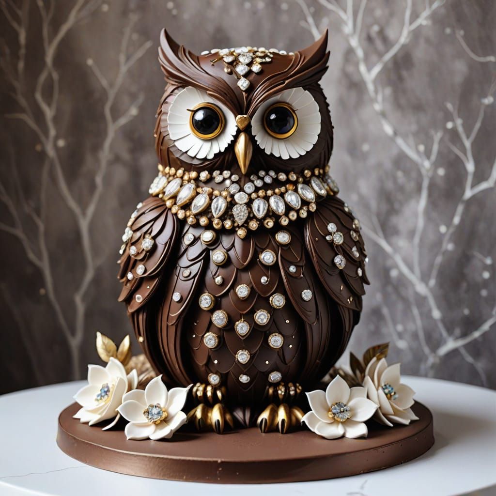 Chocolate Owl Cake with Jewels and Decorations