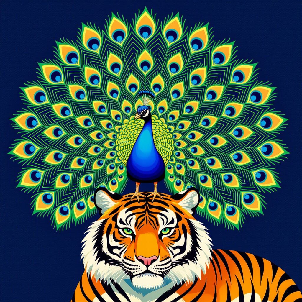 Peacock on Tiger in Pop Art Style