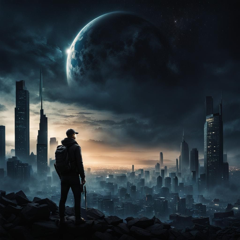 Apocalyptic Cityscape Silhouette Under Night Sky