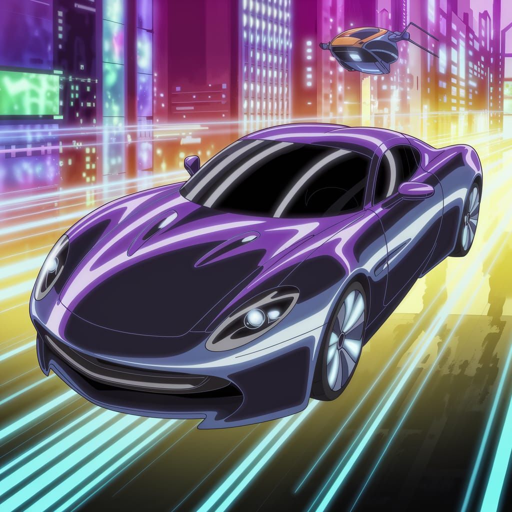 Futuristic Dymaxion Car Floats in Neon Anime Cityscape